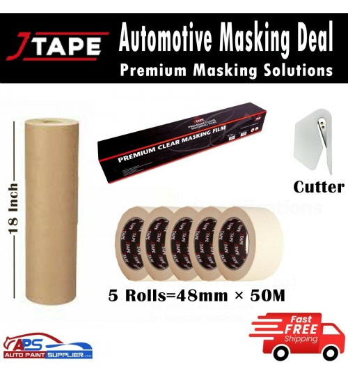 MASKING J TAPE AUTOMOTIVE 48MM x 50M MASKING POLY FILM 120M, 18" PAPER EASY TEAR